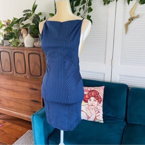 Urban Outfitters | Complex High Neck Mini Dress Blue Multi Pinstripe Stretch New - Picture 5 of 15